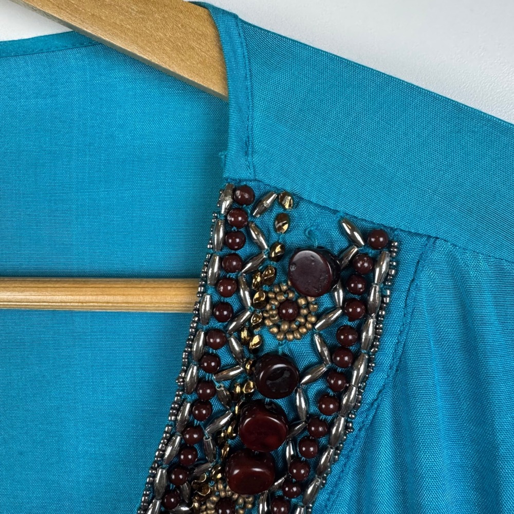 Chicos Embellished Tunic Top Size 3 XL Blue Viscose Beaded Neck Resort Tropical - Picture 3 of 11